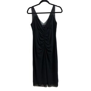 Guess‎ Collection Black Ruched Mesh Trim Midi Dress Sleeveless V-Neck Small Med